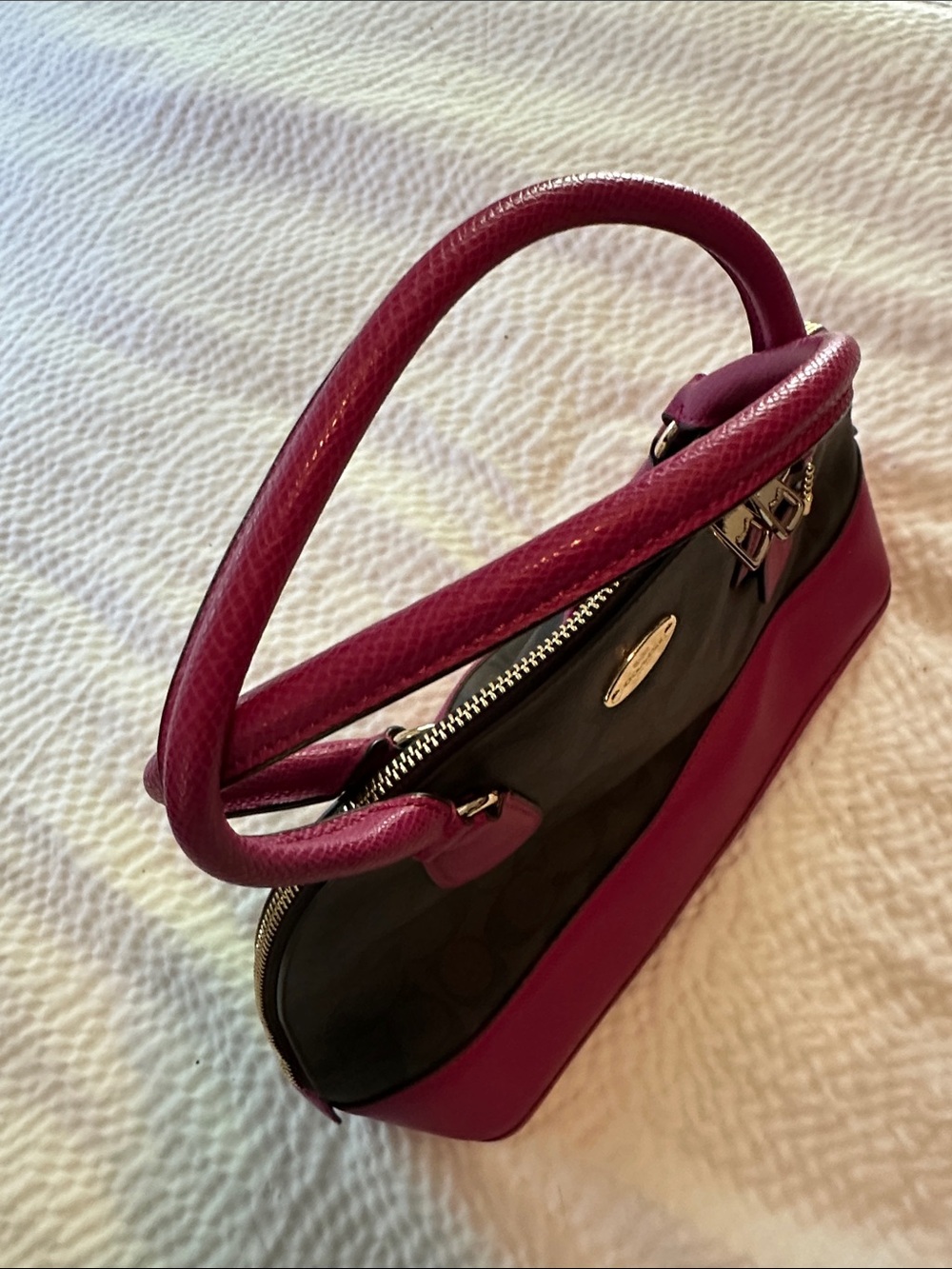 Coach Brown Signature Satchel with Pink Trim and Handles - Picture 7 of 7